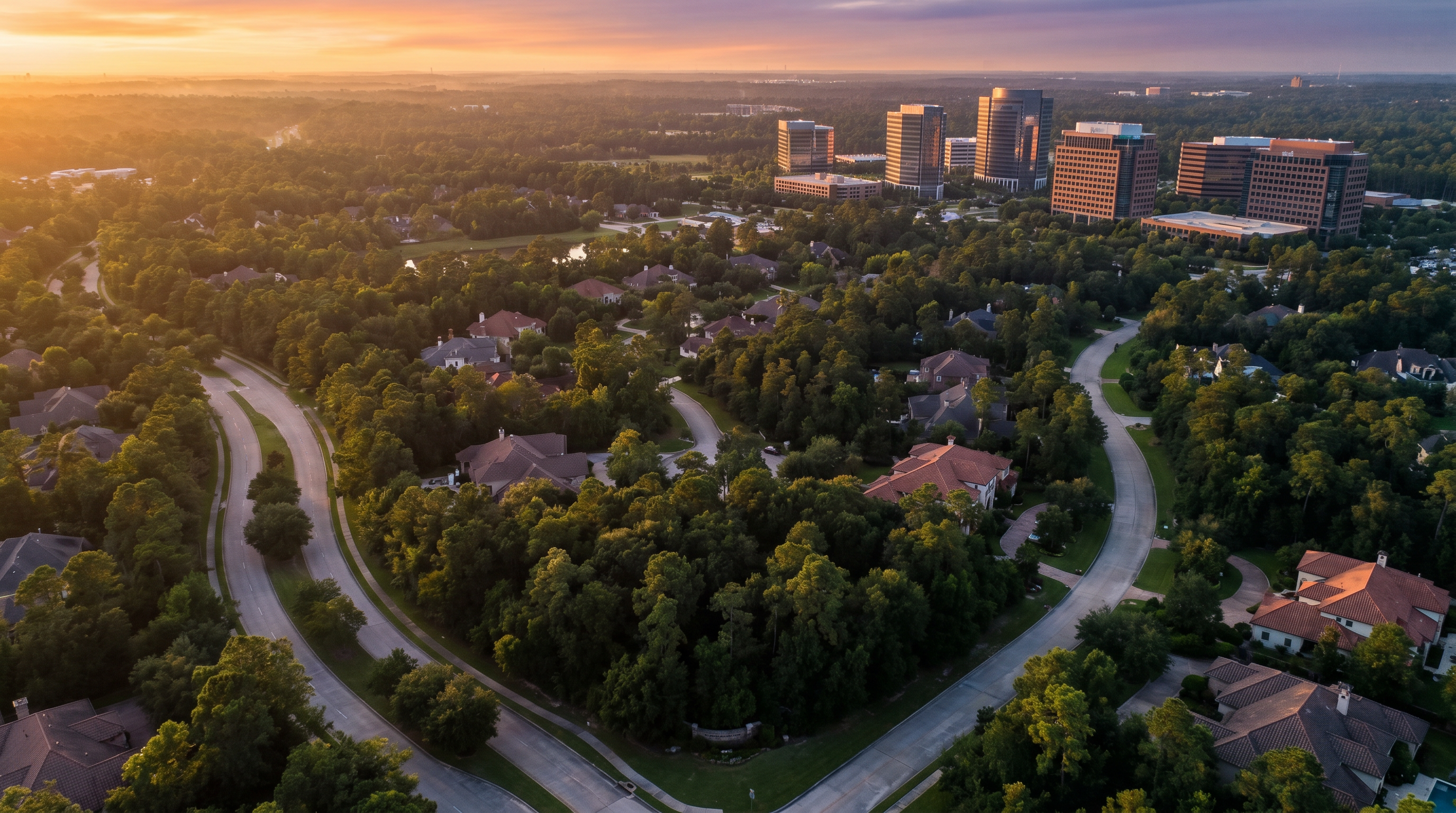 Aerial view of The Woodlands, Texas at sunset