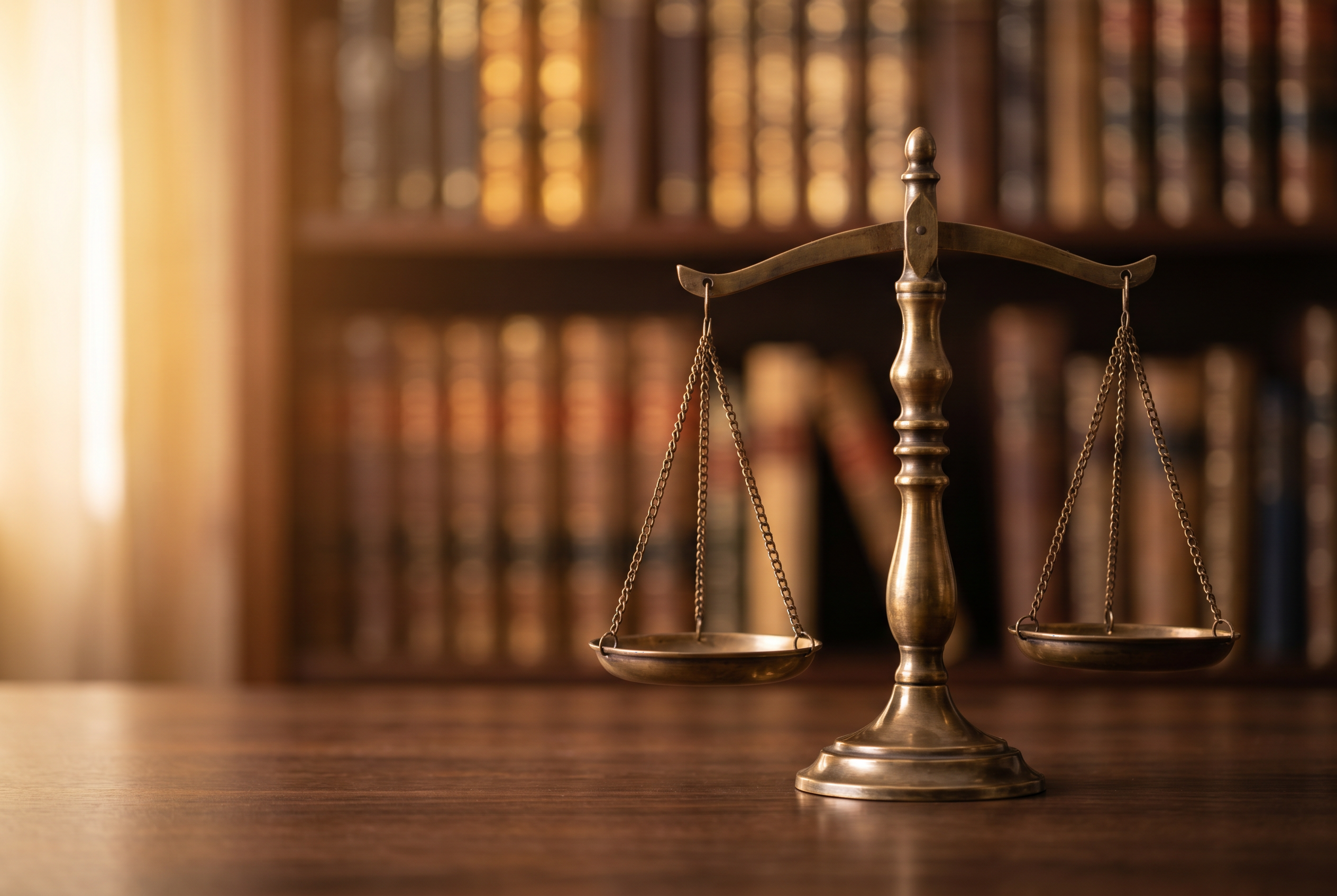 Bronze scales of justice in law library